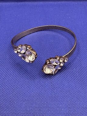 Vintage Crystal Cluster Bypass Bracelet Antiqued Goldtone Adjustable Stackable